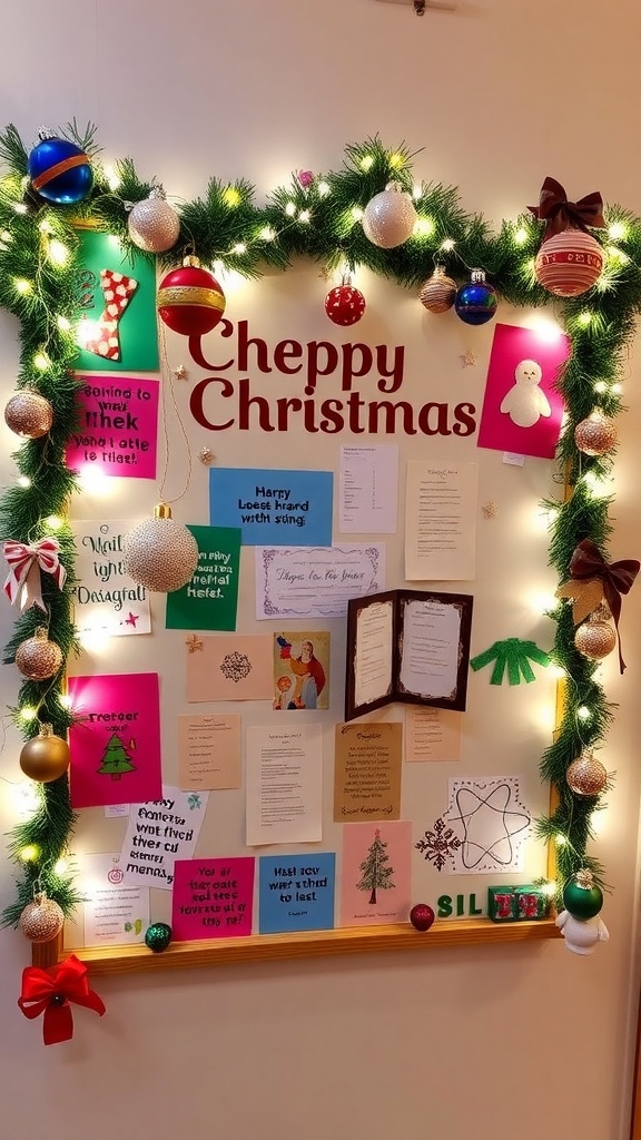 A festive notice board adorned with Christmas decorations, lights, and ornaments.